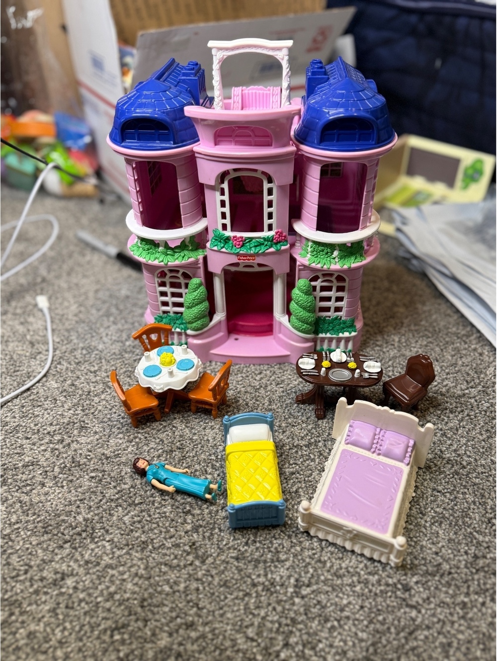 2001 Fisher Price Loving Family Vintage Pink and Blue Plastic Dollhouse & Pieces